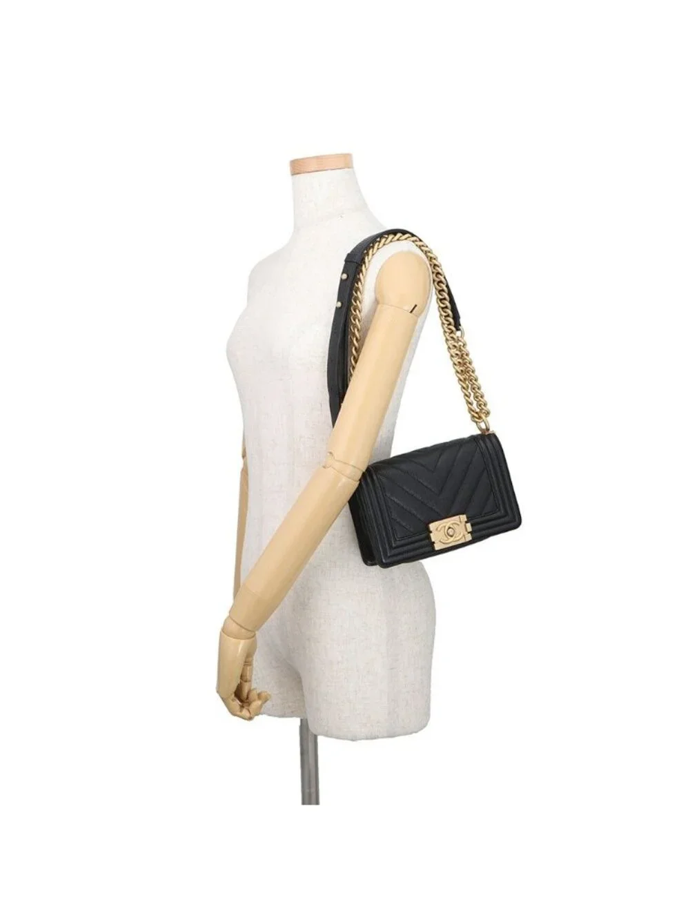 Chanel Chain Shoulder Bag Boy Small Quilted CC Logo Caviar Leather Black